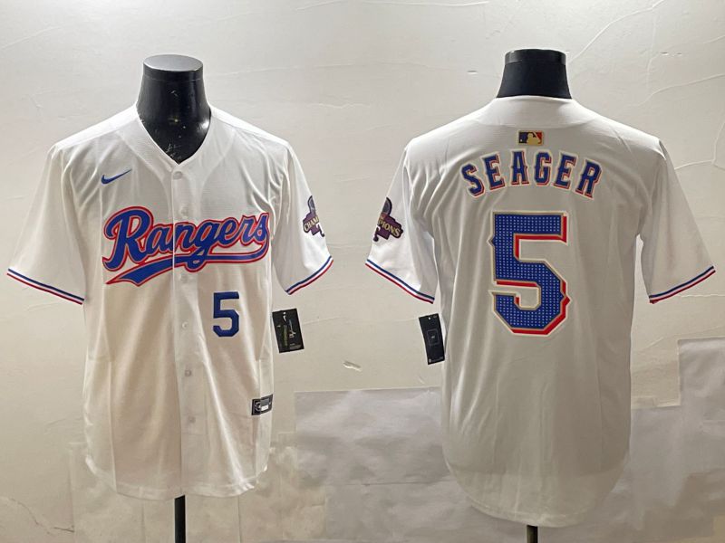 Men Texas Rangers #5 Seager White Gold Game 2025 Nike MLB Jersey style 3